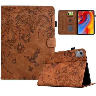 Fodral för Lenovo Xiaoxin Pad 12,1 (2025) med blommor och fåglar, läder med kortfack - Brun