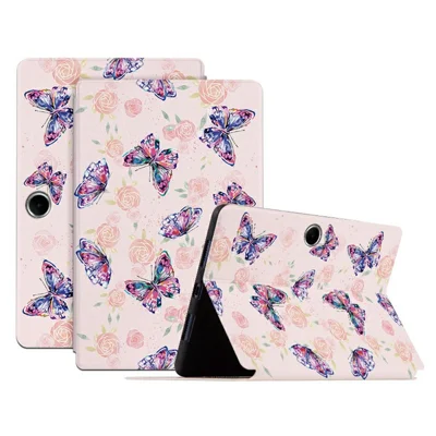 جراب واقي لجهاز Oppo Pad SE، جراب لوحي من جلد PU مطبوع عليه فراشة مع حامل، غطاء طيّار بتصميم فراشة ورديّ