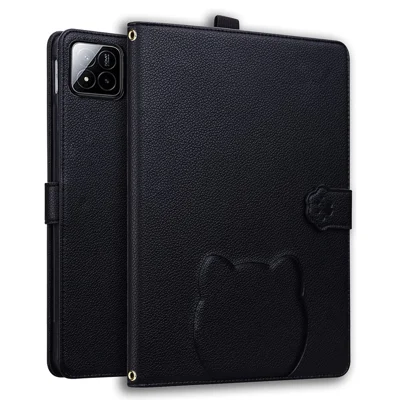 For Xiaomi Pad 7 Pro / 8 Pro Wallet Case Leather Stand Tablet Cover with Stylus Holder, 3D Effect Cat Pattern - Black