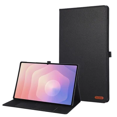 For Samsung Galaxy Tab S11 Ultra Case with Stand Card Holder Cloth Texture Leather Tablet Cover - Black