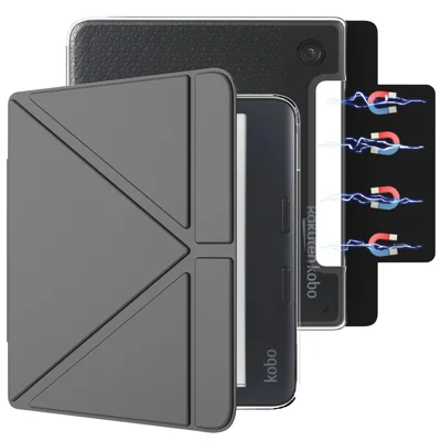 Capa de couro PU Kobo Libra Colour com suporte em V, magnética e destacável, com função de ativar/desativar automaticamente - Preta