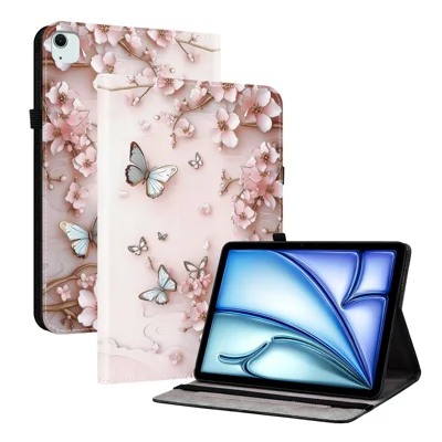 Lederhülle für iPad Air 13 (2025) / (2024) / Pro 12.9 (2022) / (2021) / (2020) Gemusterter Ständer Tablet-Cover mit Kartenfächern - Rosa Schmetterling