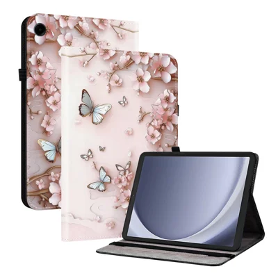 Capa de Couro com Padrão Impresso para Samsung Galaxy Tab A11 / A9, com Suporte e Slots para Cartão - Borboleta Rosa