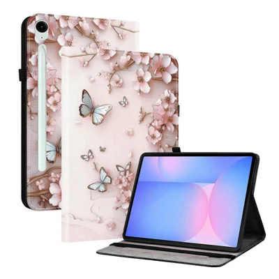 Für Samsung Galaxy Tab S10 FE+ Lederhülle mit Musteraufdruck und Ständer - Tablet-Cover mit Kartenfächern - Rosa Schmetterling