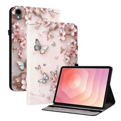 Samsung Galaxy Tab S11 Leder-Hülle mit Muster, bedruckter Ständer-Tablet-Abdeckung mit Kartenfächern - Rosa Schmetterling