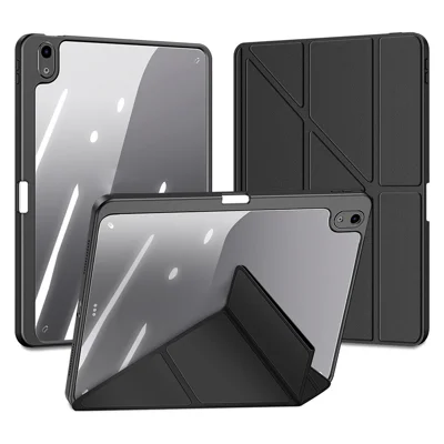 Funda para iPad Air 11 (2025) / (2024) / Air (2022) / (2020) Desmontable con Soporte de Origami en Cuero + TPU + Trasera Transparente de Acrílico - Negro