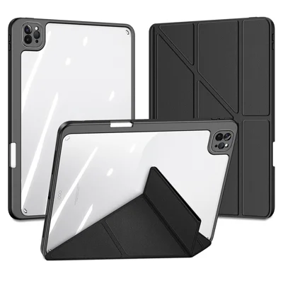 Capa para iPad Pro 11 (2022) / (2021) / (2020) com Suporte em Origami Destratificável, Capa Traseira Transparente em Pele + TPU + Acrílico - Preto