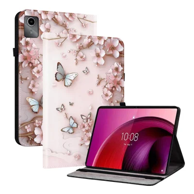 Etui skórzane z nadrukiem motywu do Lenovo Tab M11 / Xiaoxin Pad 11 2024, etui na tablet z podstawką i kieszeniami na karty - różowe motyle