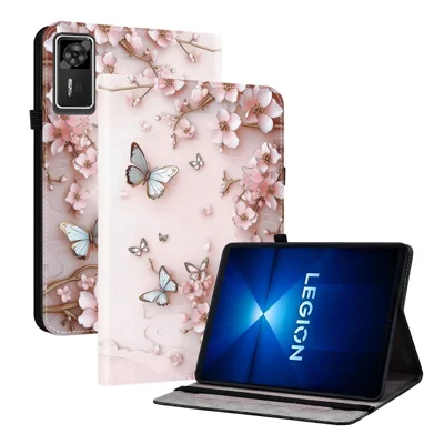 Lenovo Legion Y700 Gen 4 Ledertasche mit Musteraufdruck, Ständer-Tablettenhülle mit Kartenfächern - Rosa Schmetterling