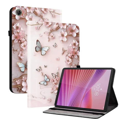 For Lenovo Tab K9 Læderetui med Printet Mønster, Stand og Kortlommer - Pink Sommerfugl