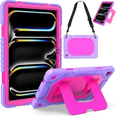 Étui pour Samsung Galaxy Tab A11+ / A9+ avec support, en silicone et PC, avec bandoulière - Rose vif