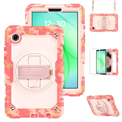 Capa para Samsung Galaxy Tab A11 / A9 Camuflada Impressa PC + Silicone com Película PET / Alça de Ombro - Rosa