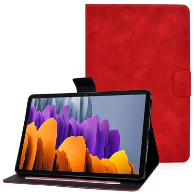 Voor Samsung Galaxy Tab S7 SM-T870 / T875 / S8 SM-X700 / X706 Kalfstextuur Leer Tablet Hoes Schokbestendig Kaarthouder Stand Stevige Beschermhoes - Rood