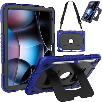 For iPad (2025) / iPad 10.9 (2022) Case Kickstand Silicone + PC Tablet Cover with Shoulder Strap - Navy Blue