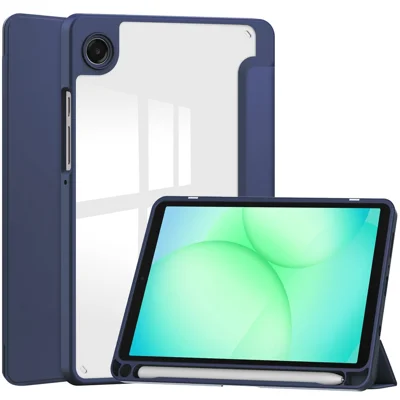 For Samsung Galaxy Tab A11 Case Auto Sleep  /  Wake Clear Acrylic TPU Leather Tablet Cover with Pen Slot - Dark Blue