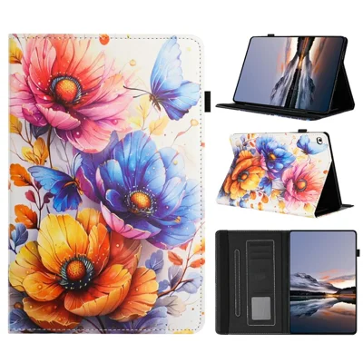 Capa em Couro com Estampa e Textura de Lichia para iPad 9,7 polegadas (2018) / (2017) / iPad Air 2 / Air (2013) com Ranhura para Cartões e Capa com Função Automática Ligar/Desligar - Flor