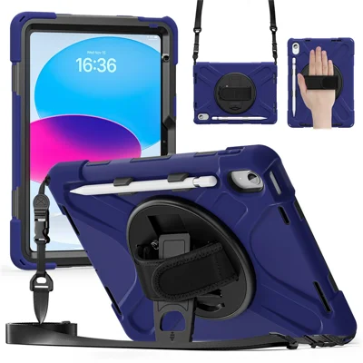 For iPad (2025)  /  10.9 (2022) Case Hand Strap Kickstand TPU PC Silicone Tablet Cover with Shoulder Strap  /  Pen Slot - Navy Blue
