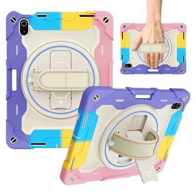 Für iPad (2025) / iPad 10,9 (2022) Hülle mit Ständer und Handgurt PC + Silikon-Tablet-Hülle - Buntes Pink