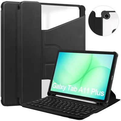For Samsung Galaxy Tab A11+ Case 360° Rotary Stand PU Leather+Acrylic Tablet Cover (With Keyboard) - Black
