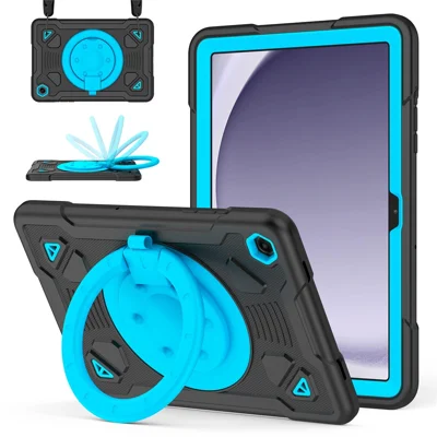 Coque de tablette pour Samsung Galaxy Tab A9+ / Tab A11+ avec support pivotant, motif planète spatiale, coque en PC + silicone avec dragonne - Noir + Bleu