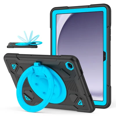 Coque de tablette pour Samsung Galaxy Tab A9+ / Tab A11+ avec poignée ergonomique et support pivotant, motif planète spatiale, coque en PC + silicone - Noir + Bleu