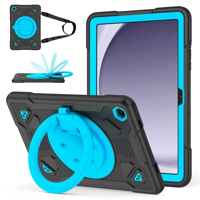 Custodia per Tablet Samsung Galaxy Tab A9 / Tab A11 con Supporto, Motivo Spaziale Pianeti, in PC + Silicone con Tracolla - Nero + Blu