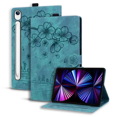 Funda de tableta para Samsung Galaxy Tab S10 Lite / Tab S10 FE / Tab S9 FE con ranuras para tarjetas, funda tipo folio con soporte de cuero, diseño de flores y gatos - Verde