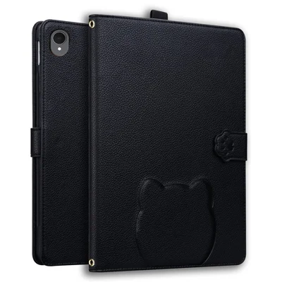 For Samsung Galaxy Tab S11 Wallet Case Leather Stand Tablet Cover with Stylus Holder, 3D Effect Cat Pattern  - Black