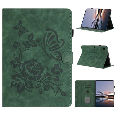 For Samsung Galaxy Tab A11 / A9 Case Card Holder Stand Butterfly Floral Imprinted Leather Tablet Cover - Green