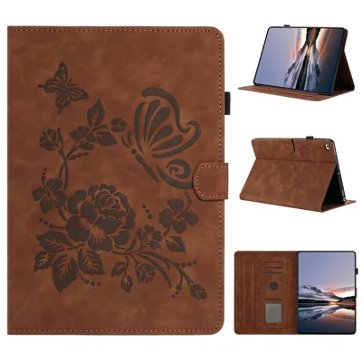 Capa de Tablete para iPad 9,7 polegadas (2018) / (2017) / Air 2 / Air (2013) com Suporte e Porta-cartões, Capa em Couro com Estampado de Borboleta e Flores - Marrom
