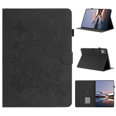 Futerał na tablet z motywem motyla i kwiatów z uchwytem i wpiętami na karty do Lenovo Tab M11 / Xiaoxin Pad 11 2024 – Czarny