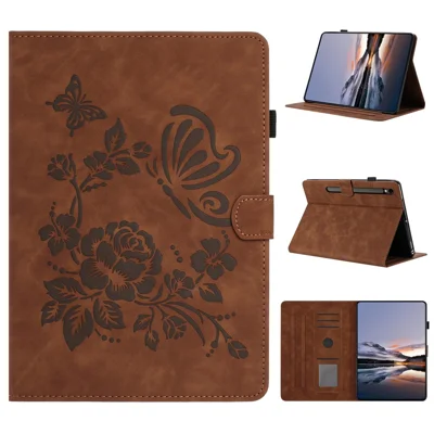 For Samsung Galaxy Tab S10 FE+ Case Card Holder Stand Butterfly Floral Imprinted Leather Tablet Cover - Brown