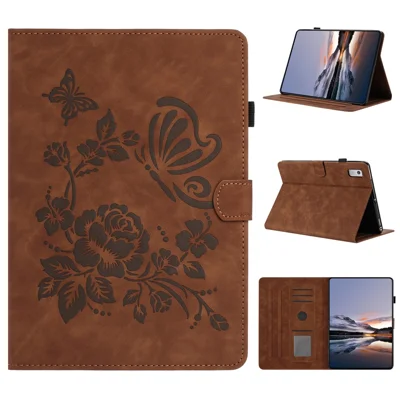 Tablet-Hülle für Lenovo Tab M9 TB-310FU mit Kartenfach, Ständer, Schmetterlings- und Blumenprägung, Leder-Tablet-Hülle – Braun