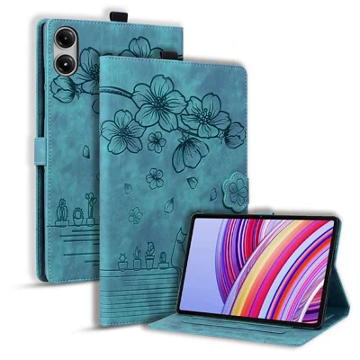 For Xiaomi Poco Pad M1 Case Card Slots Leather Tablet Stand Folio Cover Flower Cat - Green