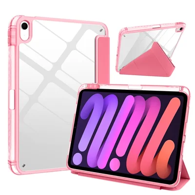For iPad (2025) / iPad 10.9 (2022) Case Magnetic Closure Origami Stand Transparent Leather + TPU + Clear Acrylic Back Cover - Rose