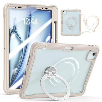 For iPad Air 11 (2026) / (2025) / (2024) / Air (2022) / (2020) / iPad Pro 11 (2022) / (2021) / (2020) / (2018) Case PC + TPU Tablet Cover with Kickstand / Shoulder Strap - Khaki