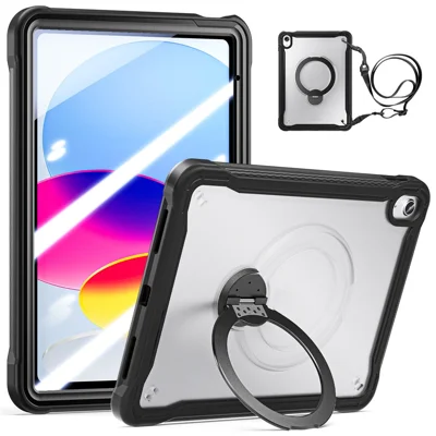 For iPad 10.9 (2022)  /  iPad (2025) Case PC + TPU Tablet Cover with Kickstand  /  Shoulder Strap - Black
