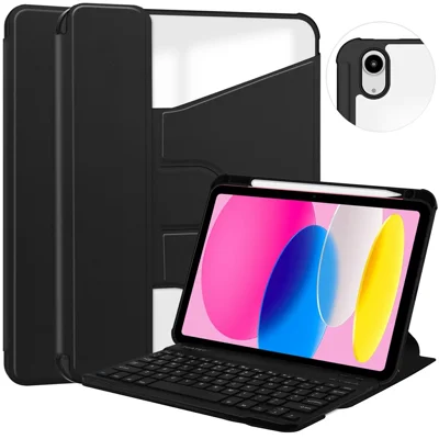 For iPad (2025)  /  10.9 (2022) Case 360-Degree Rotary Stand PU Leather + Acrylic Tablet Cover (With Keyboard) - Black