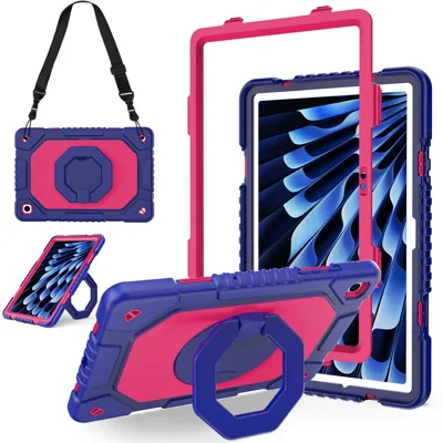 For Samsung Galaxy Tab A11+  /  A9+ Case Hand Grip Kickstand Shockproof Silicone + PC Tablet Cover with Detachable Strap  /  Pen Slot - Rose  /  Navy Blue