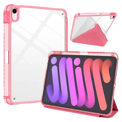 For iPad (2025)  /  10.9 (2022) Case Magnetic Closure Origami Stand Leather + TPU + Clear Acrylic Detachable Tablet Cover - Rose