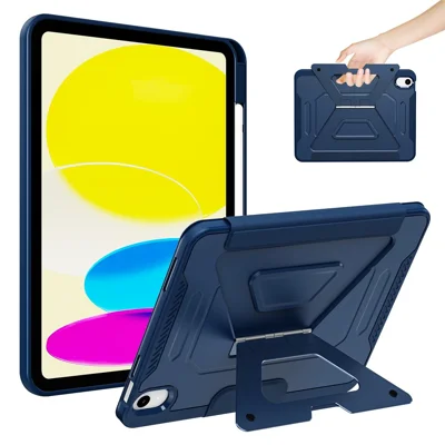 For iPad (2025)  /  10.9 (2022) Case Aluminum Alloy Kickstand Tri Fold Stand Detachable Leather TPU PC Tablet Cover - Navy Blue