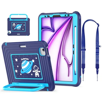 Kids Cartoon Tablet Case for iPad Air 11 (2026) / (2025) / (2024) / Air (2022) / (2020) / Pro 11 (2022) / (2021) / (2020) / (2018) Silicone PC Cover with Kickstand / Shoulder Strap - Navy Blue