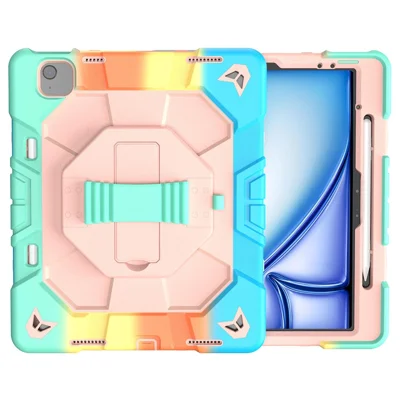 Tablet-Hülle für iPad Air 13 (2026) / (2025) / (2024) mit Ständer und Handschlaufe aus PC + Silikon - Rainbow+Pink