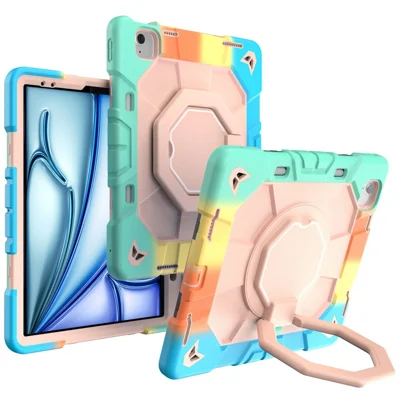 Hülle für iPad Air 13 (2026) / (2025) / (2024) mit Griff und Ständer, PC + Silikon Tablethülle - Rainbow+Pink