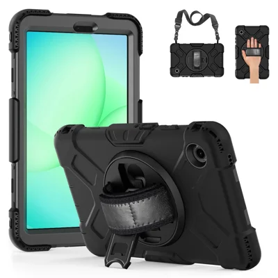 For Samsung Galaxy Tab A11 Case Kickstand PC + Silicone Tablet Cover with Shoulder Strap - Black
