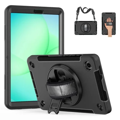 حالة Samsung Galaxy Tab A11 ذات حامل دوار PC + غطاء لوحي TPU مع حزام كتف - أسود