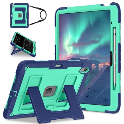 Tablet-Hülle für iPad Air 13 (2026) mit Ständer und Haltegurt, stoßfest, PC + Silikon, in Marineblau / Mintgrün