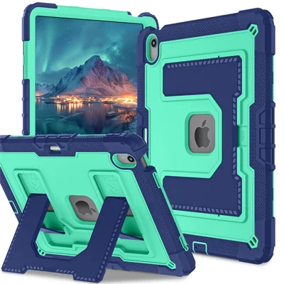 غطاء لوحي لجهاز iPad Air 13 (2026) / (2025) / (2024) بمسند مضاد للسقوط من مادة البولي كربونات والمطاط السيليكوني - أزرق بحري + أخضر薄荷