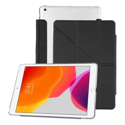 غطاء لجهاز iPad 10.2 (2021) / (2020) / (2019) شفاف صلب مع حامل قلم ذكي لإيقاف/استئناف التشغيل ودعم الحماية - أسود