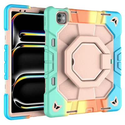 Coque pour iPad Pro 13 (2025) / (2024) avec poignée et support intégré, housse tablette en PC + silicone - Arc-en-ciel+Rose